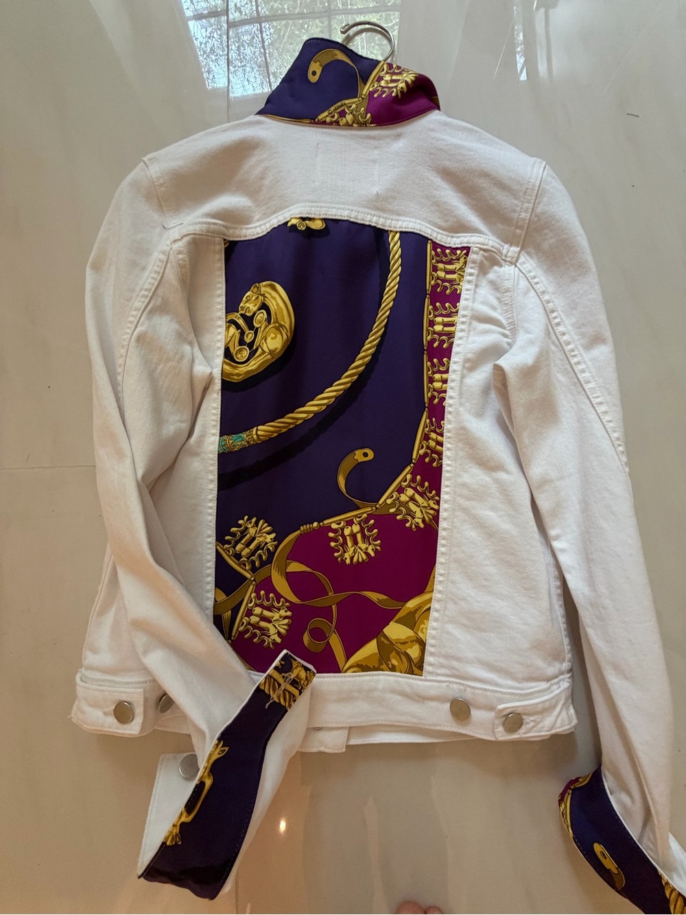 White Denim Jacket with Purple & Gold Scarf-Back Panel